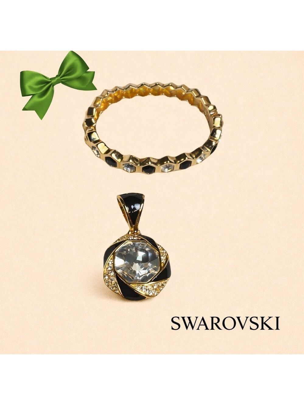 Swarovski Gold Crystal Pendant & Hinged Hexagon Bracelet Set